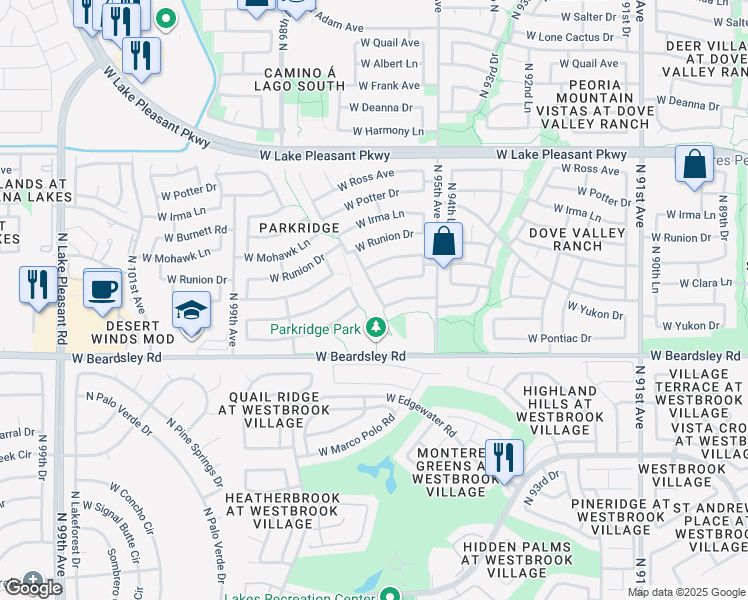 map of restaurants, bars, coffee shops, grocery stores, and more near 9631 North 96th Lane in Peoria