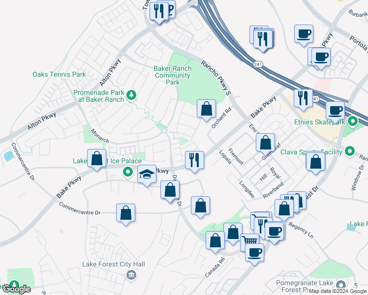 map of restaurants, bars, coffee shops, grocery stores, and more near 125 Wild Rose in Lake Forest