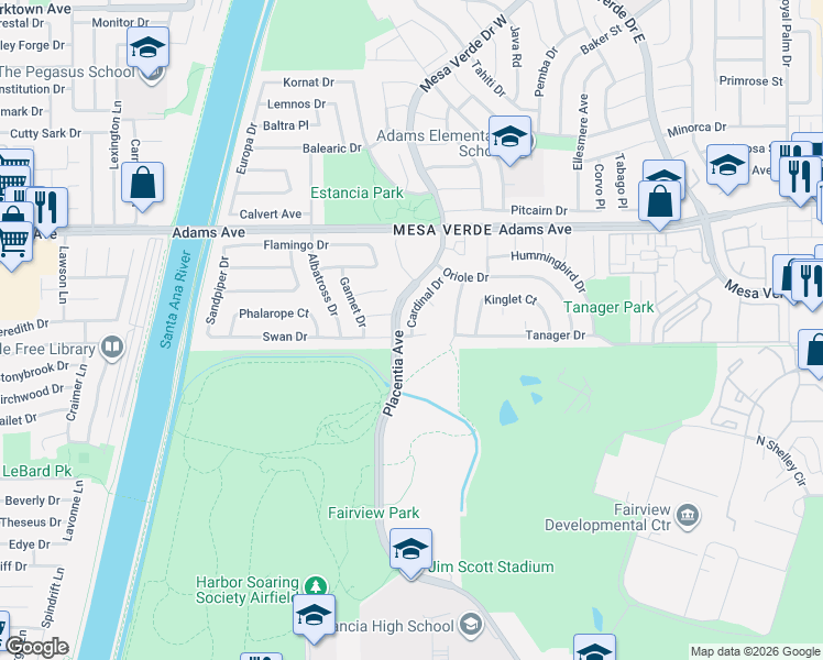 map of restaurants, bars, coffee shops, grocery stores, and more near 1865 Swan Circle in Costa Mesa