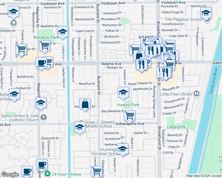 map of restaurants, bars, coffee shops, grocery stores, and more near 9641 Yellowstone Drive in Huntington Beach