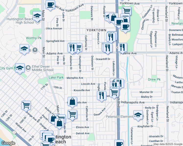 map of restaurants, bars, coffee shops, grocery stores, and more near 1335 Delaware Street in Huntington Beach