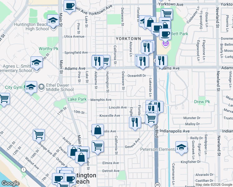 map of restaurants, bars, coffee shops, grocery stores, and more near 312 Nashville Avenue in Huntington Beach