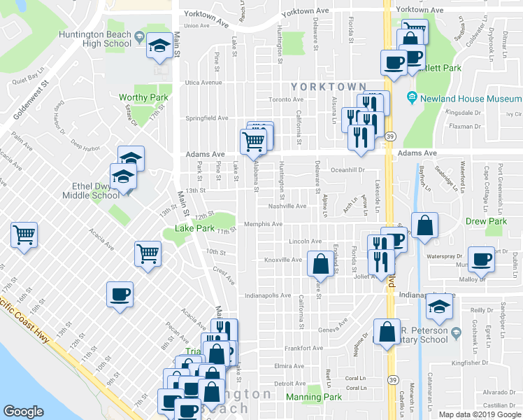 map of restaurants, bars, coffee shops, grocery stores, and more near 212 Nashville Avenue in Huntington Beach