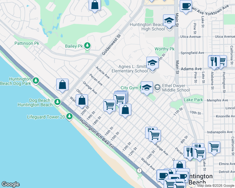map of restaurants, bars, coffee shops, grocery stores, and more near 510 18th Street in Huntington Beach