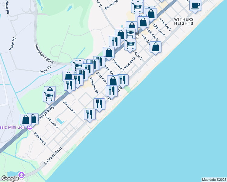 map of restaurants, bars, coffee shops, grocery stores, and more near 2104 South Ocean Boulevard in Myrtle Beach