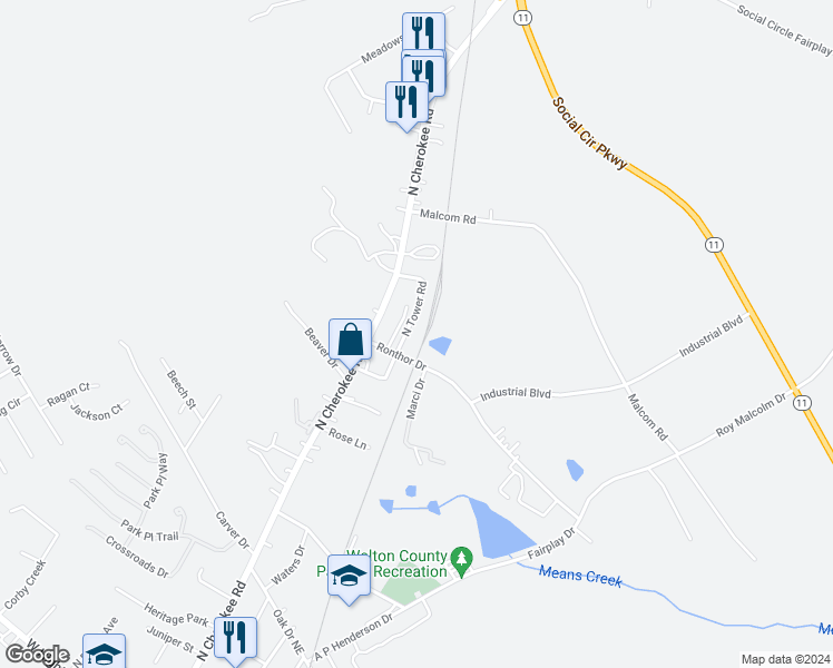 map of restaurants, bars, coffee shops, grocery stores, and more near 1022 North Tower Road in Social Circle
