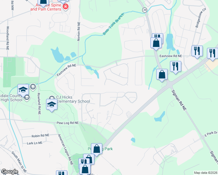 map of restaurants, bars, coffee shops, grocery stores, and more near 1425 Denison Court Northeast in Conyers