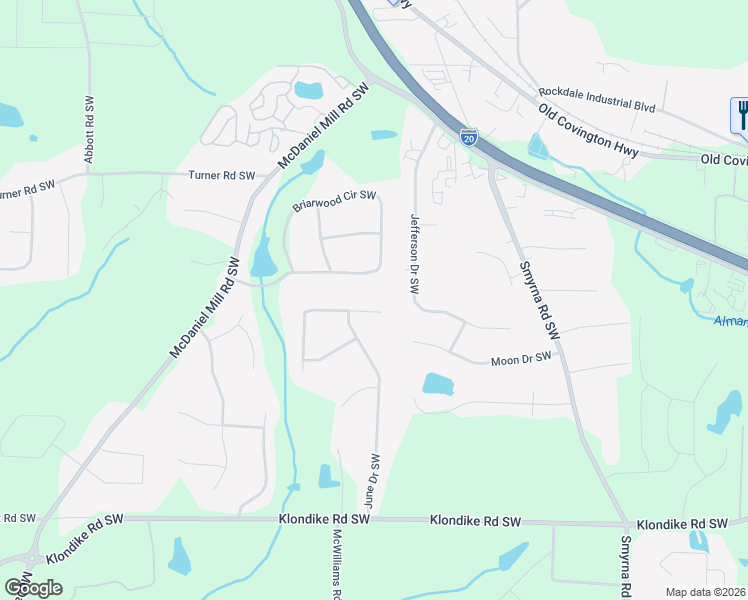 map of restaurants, bars, coffee shops, grocery stores, and more near 2233 April Drive Southwest in Conyers