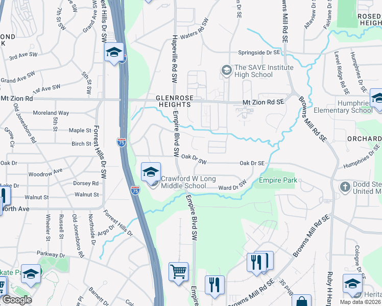 map of restaurants, bars, coffee shops, grocery stores, and more near 130 Oak Drive Southwest in Atlanta