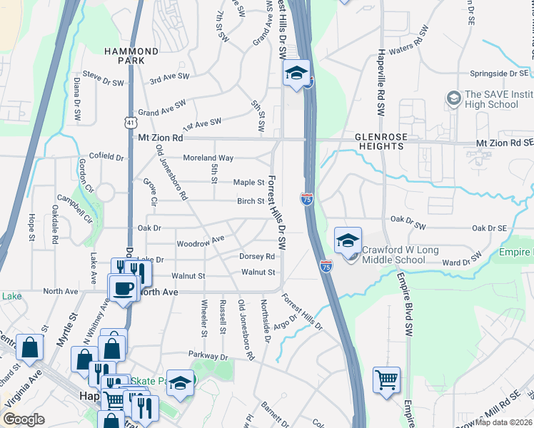 map of restaurants, bars, coffee shops, grocery stores, and more near 437 Oak Drive in Atlanta