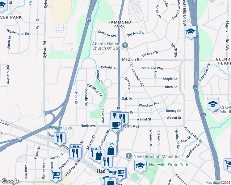 map of restaurants, bars, coffee shops, grocery stores, and more near 3117 Dogwood Drive in Atlanta