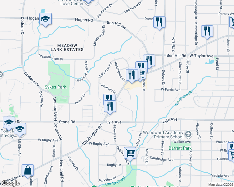 map of restaurants, bars, coffee shops, grocery stores, and more near 3168 Washington Road in Atlanta