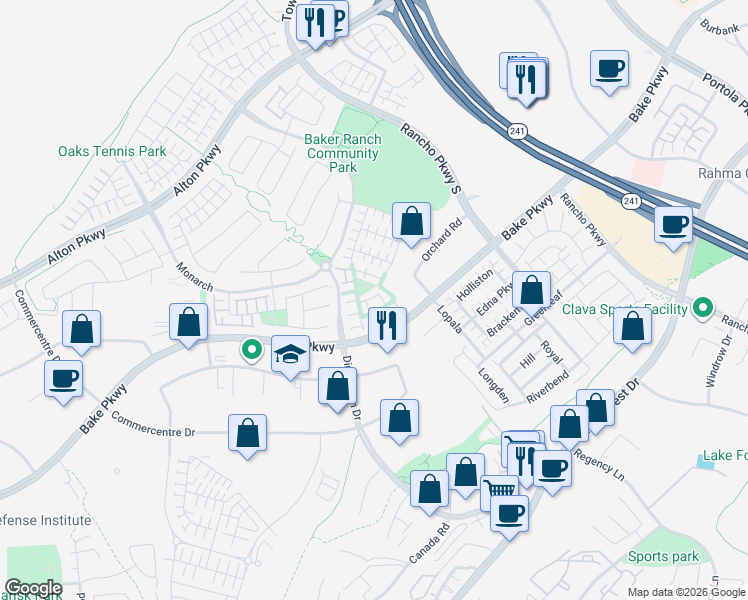 map of restaurants, bars, coffee shops, grocery stores, and more near 115 Wild Rose in Lake Forest