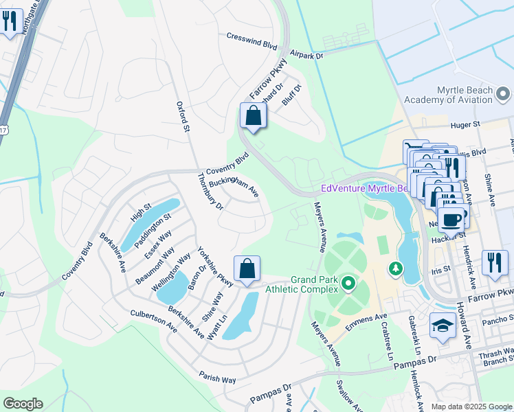 map of restaurants, bars, coffee shops, grocery stores, and more near 1640 Thornbury Drive in Myrtle Beach