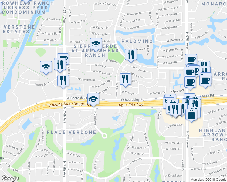 map of restaurants, bars, coffee shops, grocery stores, and more near 20211 North 71st Lane in Glendale