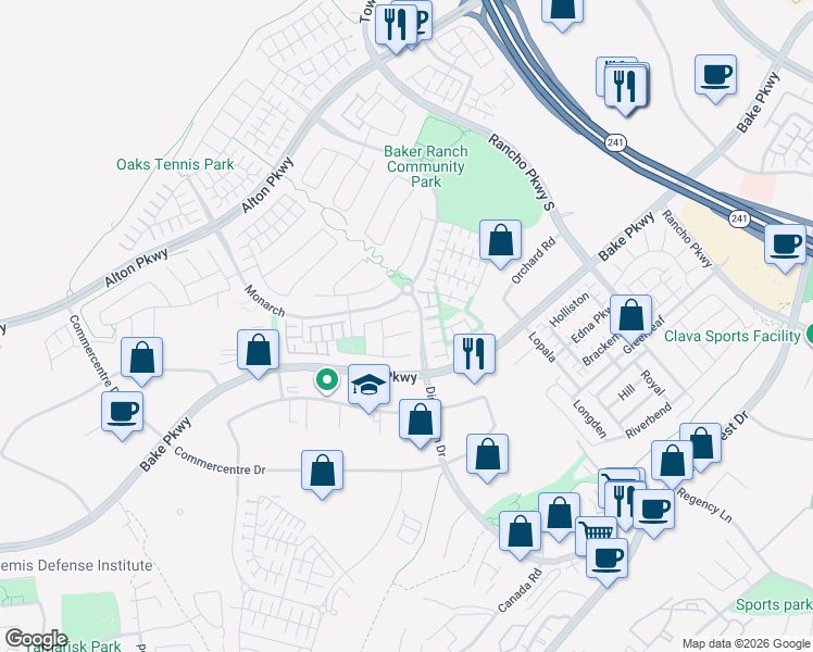 map of restaurants, bars, coffee shops, grocery stores, and more near 15 Oleander in Lake Forest