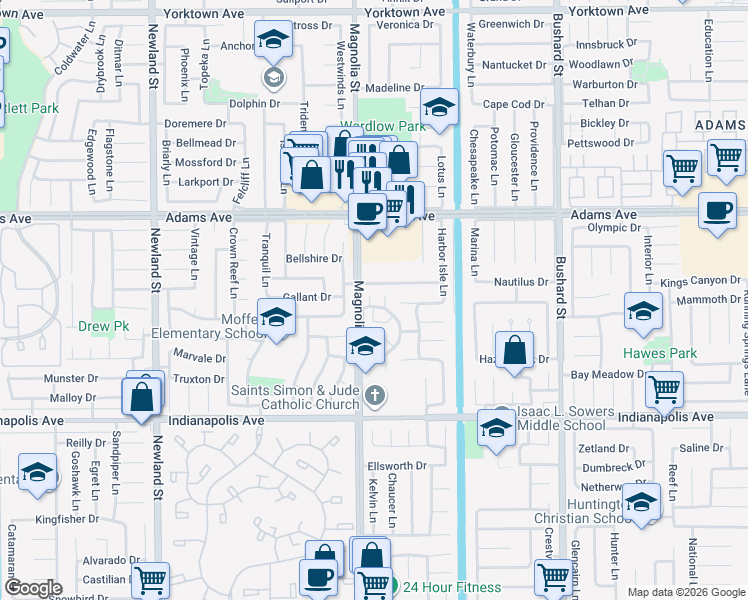 map of restaurants, bars, coffee shops, grocery stores, and more near 20210 Peach Lane in Huntington Beach