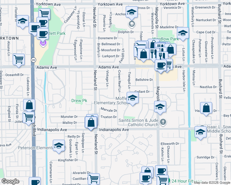 map of restaurants, bars, coffee shops, grocery stores, and more near 8702 Squires Circle in Huntington Beach