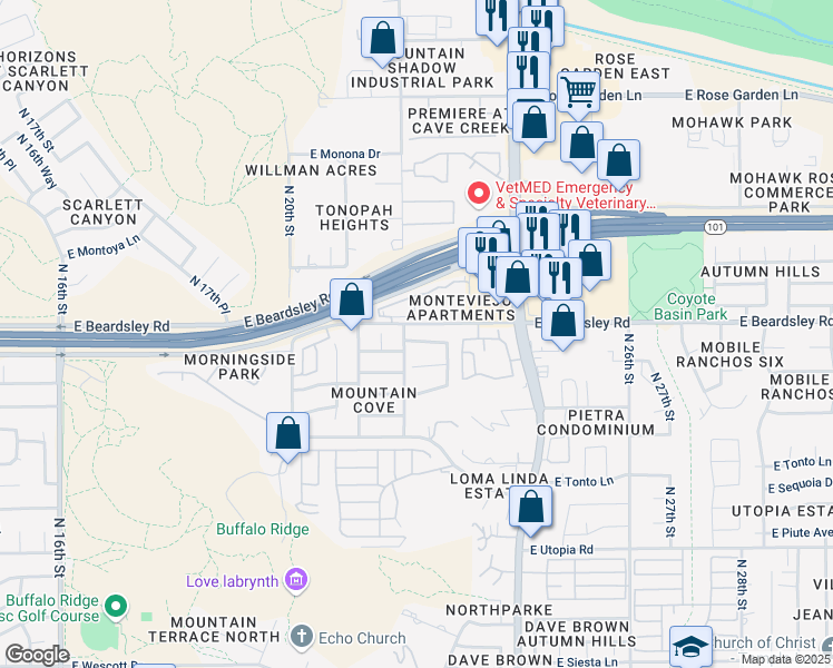 map of restaurants, bars, coffee shops, grocery stores, and more near 2206 East Menadota Drive in Phoenix