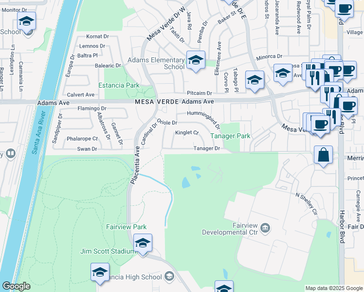 map of restaurants, bars, coffee shops, grocery stores, and more near 1814 Tanager Drive in Costa Mesa