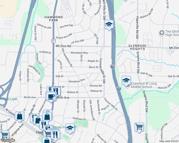 map of restaurants, bars, coffee shops, grocery stores, and more near 461 Oak Drive in Hapeville