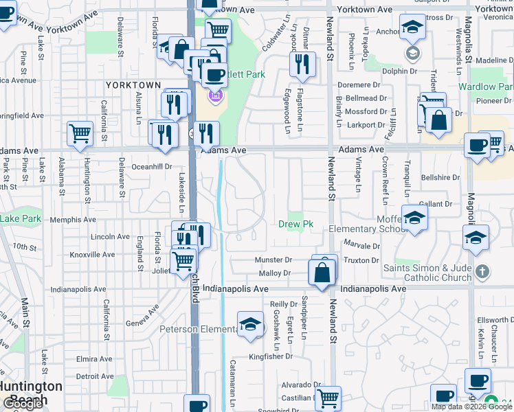 map of restaurants, bars, coffee shops, grocery stores, and more near 20212 Sealargo Lane in Huntington Beach