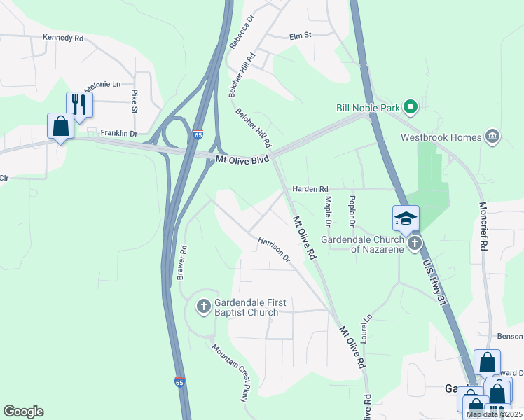 map of restaurants, bars, coffee shops, grocery stores, and more near 458 Harden Road in Gardendale