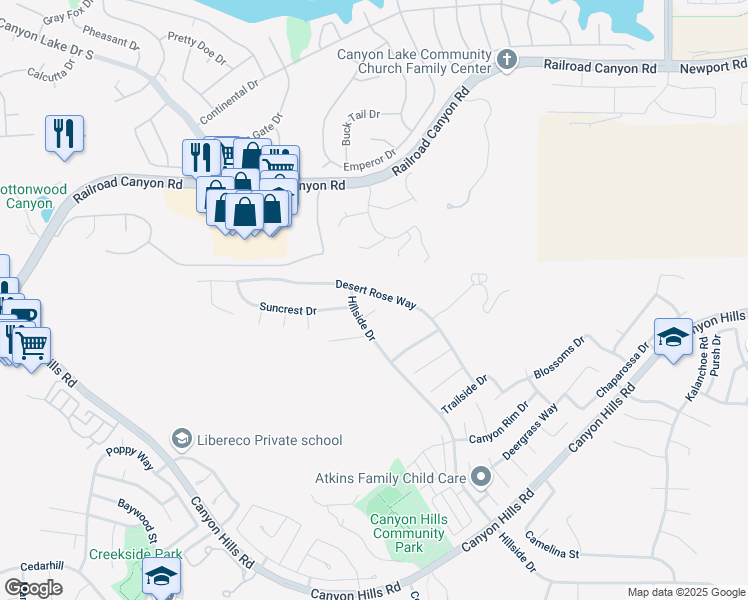 map of restaurants, bars, coffee shops, grocery stores, and more near 35563 Desert Rose Way in Lake Elsinore