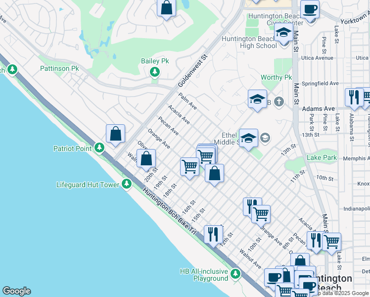 map of restaurants, bars, coffee shops, grocery stores, and more near 419 19th Street in Huntington Beach