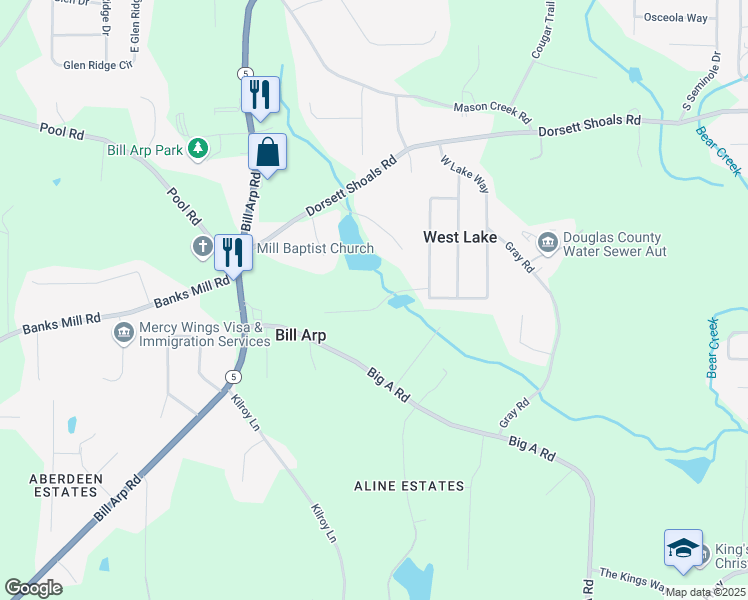 map of restaurants, bars, coffee shops, grocery stores, and more near 6871 Lakeshore Drive in Douglasville