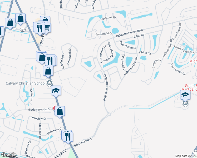 map of restaurants, bars, coffee shops, grocery stores, and more near 850 Hayes Point Circle in Myrtle Beach