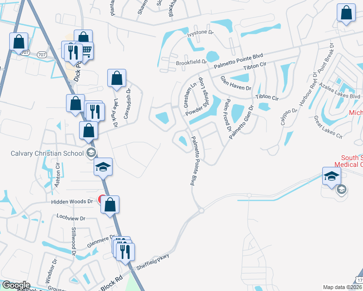 map of restaurants, bars, coffee shops, grocery stores, and more near 850 Hayes Point Circle in Myrtle Beach