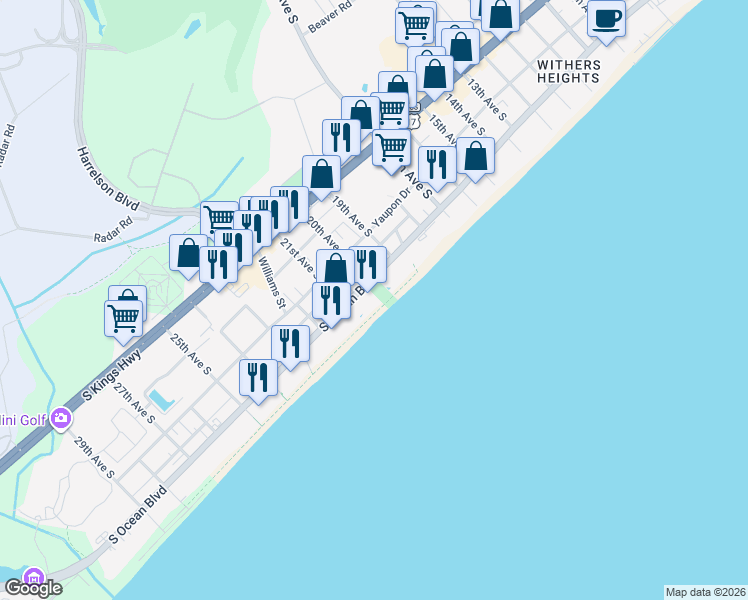 map of restaurants, bars, coffee shops, grocery stores, and more near 2007 South Ocean Boulevard in Myrtle Beach