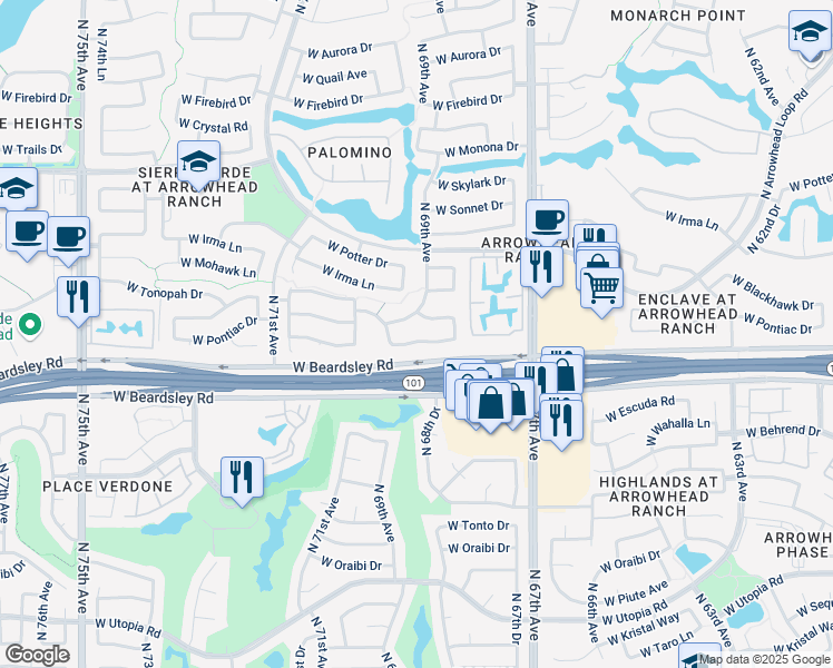 map of restaurants, bars, coffee shops, grocery stores, and more near 6896 West Pontiac Drive in Glendale
