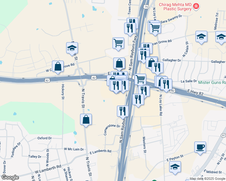 map of restaurants, bars, coffee shops, grocery stores, and more near 2916 U.S. 75 in Sherman