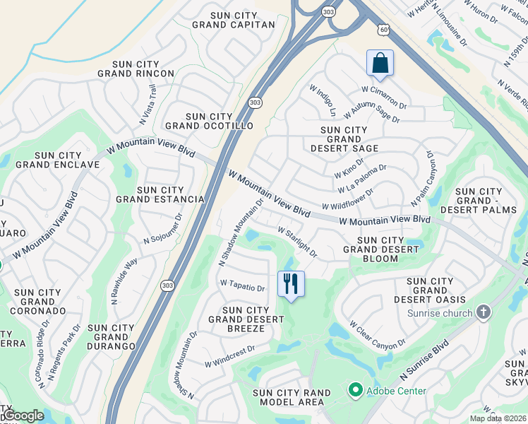 map of restaurants, bars, coffee shops, grocery stores, and more near 16137 West Quail Creek Lane in Surprise