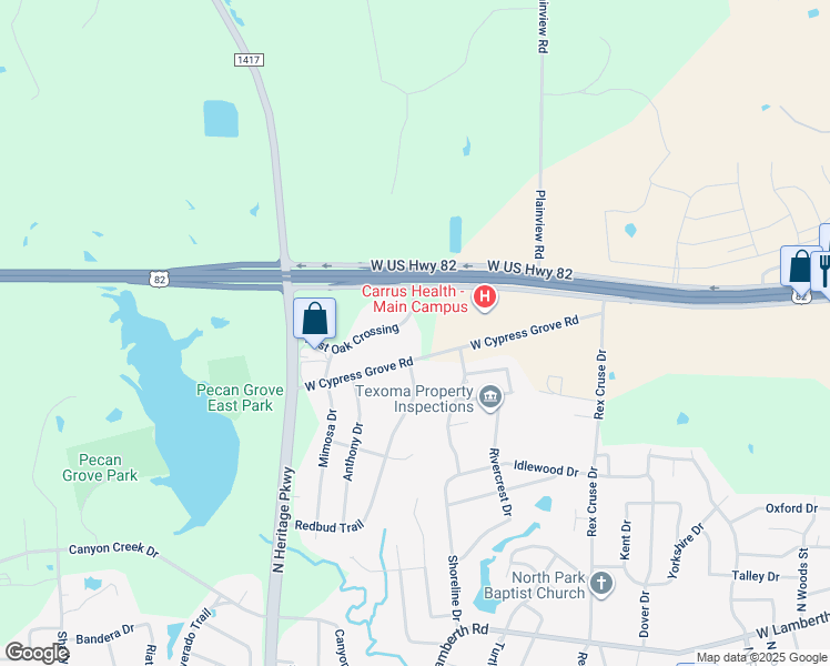 map of restaurants, bars, coffee shops, grocery stores, and more near 3409 Post Oak Crossing in Sherman