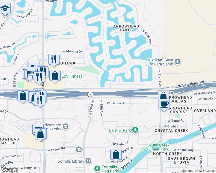 map of restaurants, bars, coffee shops, grocery stores, and more near 5415 West Pontiac Drive in Glendale