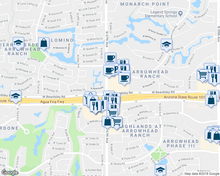 map of restaurants, bars, coffee shops, grocery stores, and more near 20205 North 67th Avenue in Glendale
