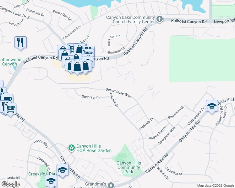 map of restaurants, bars, coffee shops, grocery stores, and more near 35563 Desert Rose Way in Lake Elsinore