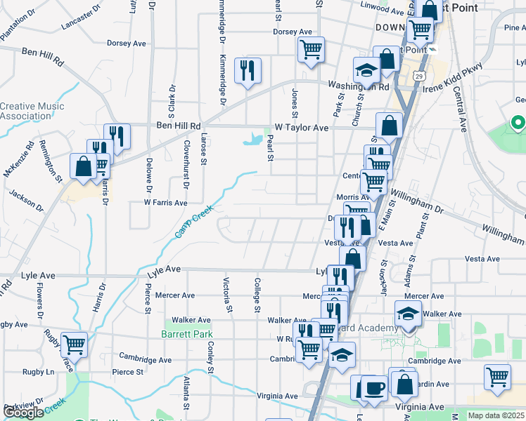 map of restaurants, bars, coffee shops, grocery stores, and more near 1919 Dunlap Avenue in East Point