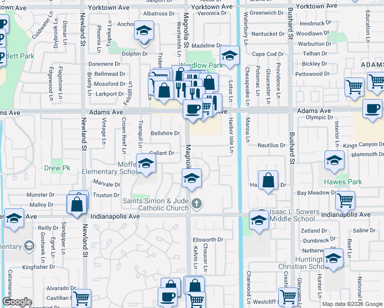 map of restaurants, bars, coffee shops, grocery stores, and more near 20210 Peach Lane in Huntington Beach