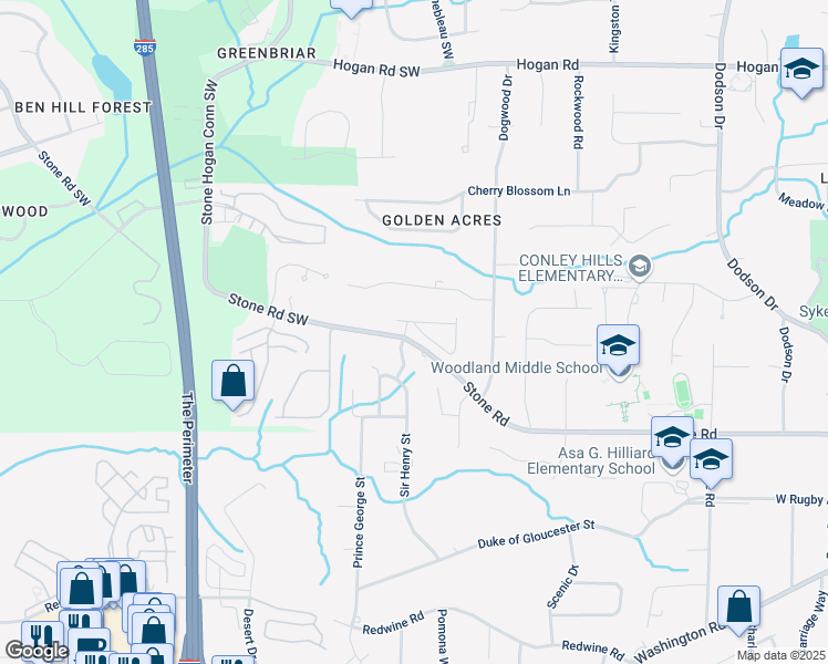 map of restaurants, bars, coffee shops, grocery stores, and more near 3064 Steinbeck Way in East Point