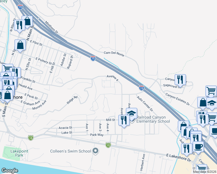 map of restaurants, bars, coffee shops, grocery stores, and more near Helena Ridge in Lake Elsinore