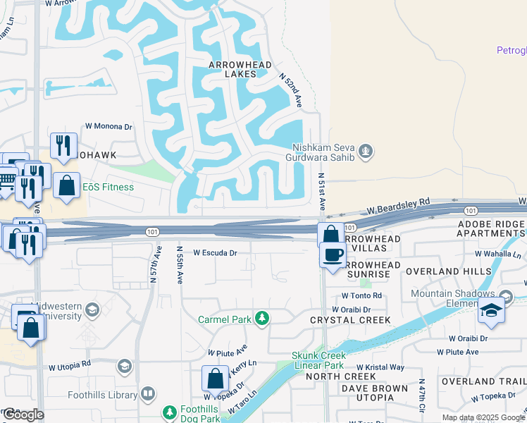 map of restaurants, bars, coffee shops, grocery stores, and more near 5255 West Pontiac Drive in Glendale
