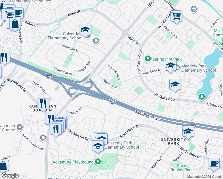 map of restaurants, bars, coffee shops, grocery stores, and more near in Irvine