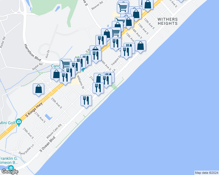 map of restaurants, bars, coffee shops, grocery stores, and more near 2007 South Ocean Boulevard in Myrtle Beach