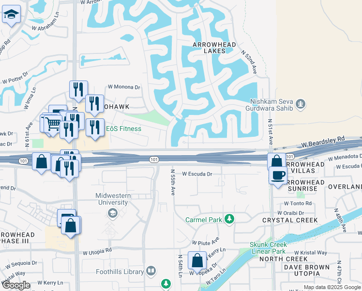 map of restaurants, bars, coffee shops, grocery stores, and more near 5426 West Pontiac Drive in Glendale