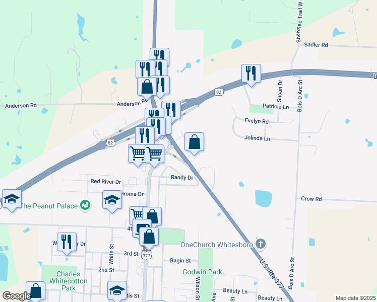 map of restaurants, bars, coffee shops, grocery stores, and more near U.S. Route 377 in Whitesboro