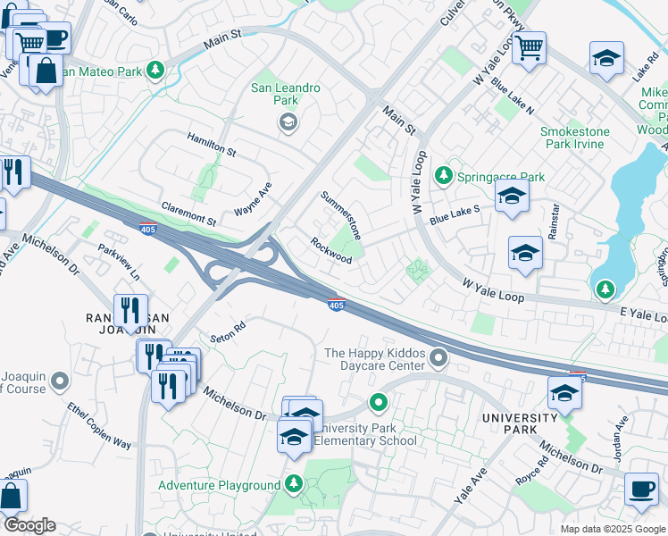 map of restaurants, bars, coffee shops, grocery stores, and more near 73 Rockwood in Irvine